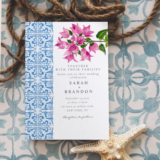 Waterverf Bougainvillea Blauwe tegels Bruiloft Kaart