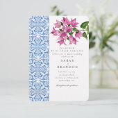 Waterverf Bougainvillea Blauwe tegels Bruiloft Kaart (Staand voorkant)