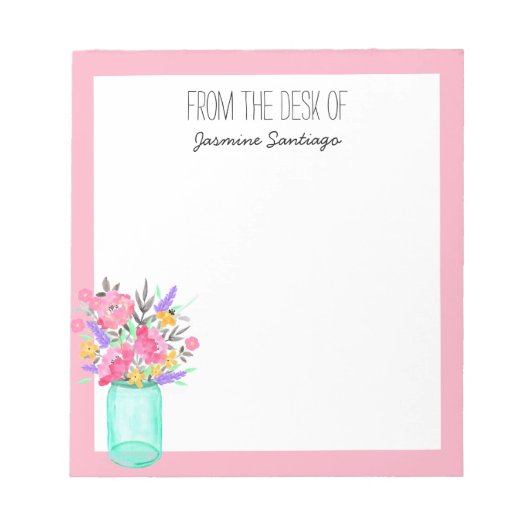 Waterverf Bouquet Mason Jar Flowers gepersonalisee Notitieblok (Voorkant)