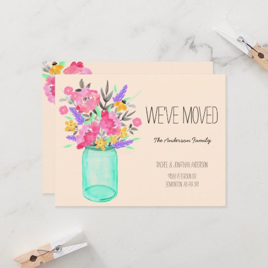 Waterverf Bouquet Mason Jar Flowers We hebben ons  Kaart (Voorkant / Achterkant in situ)