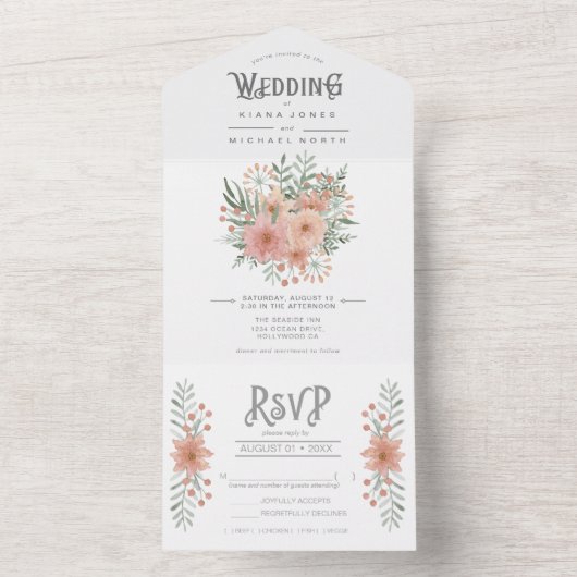 Waterverf Bouquet Wedding Blush ID654 alles in één All In One Uitnodiging (Binnen)