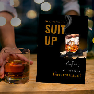 Waterverf Bourbon Sigaar Tuxedo Suit Up Groomsman Kaart