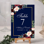 Waterverf Bourgogne Blauw Bloemen Goud Bruiloft Kaart<br><div class="desc">Waterverf Bloemen Bourgogne Blauw Gouden Tafel Kaart</div>