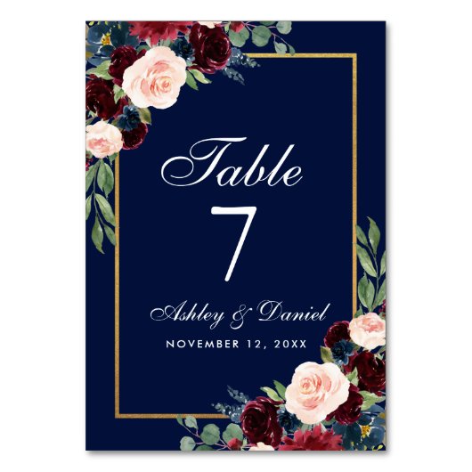 Waterverf Bourgogne Blauw Bloemen Goud Bruiloft Kaart (Voorkant)