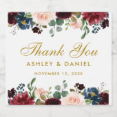 Waterverf Bourgogne Blauw Bloemen Goud Bruiloft Sparkling Wijnetiket (Enkel label)