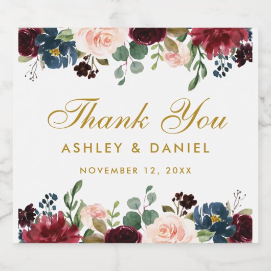 Waterverf Bourgogne Blauw Bloemen Goud Bruiloft Sparkling Wijnetiket (Enkel label)