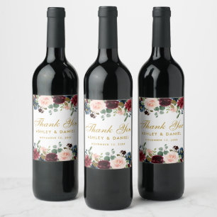Waterverf Bourgogne Blauw Bloemen Goud Bruiloft Wijn Etiket