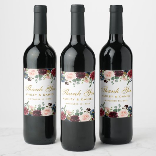 Waterverf Bourgogne Blauw Bloemen Goud Bruiloft Wijn Etiket (Flessen)