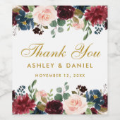 Waterverf Bourgogne Blauw Bloemen Goud Bruiloft Wijn Etiket (Enkel label)