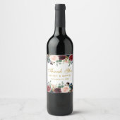 Waterverf Bourgogne Blauw Bloemen Goud Bruiloft Wijn Etiket (Voorkant)