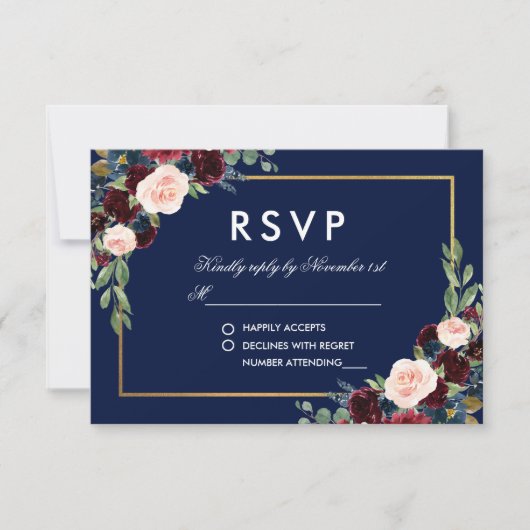 Waterverf Bourgogne Blauw Bloemen Goud RSVP (Voorkant)