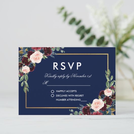 Waterverf Bourgogne Blauw Bloemen Goud RSVP (Staand voorkant)