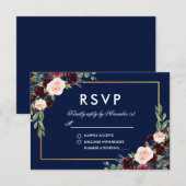 Waterverf Bourgogne Blauw Bloemen Goud RSVP (Voorkant / Achterkant)