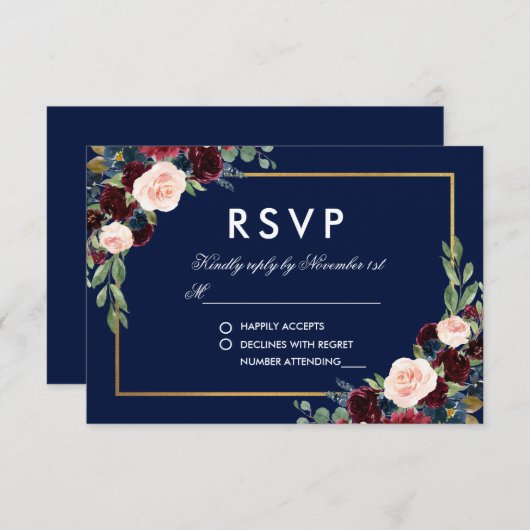 Waterverf Bourgogne Blauw Bloemen Goud RSVP (Voorkant / Achterkant)