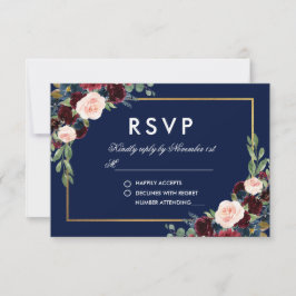 Waterverf Bourgogne Blauw Bloemen Goud RSVP Kaartje