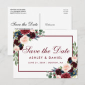 Waterverf Bourgogne Blauw Bloemen Save The Date Aankondigingskaart (Voorkant / Achterkant)