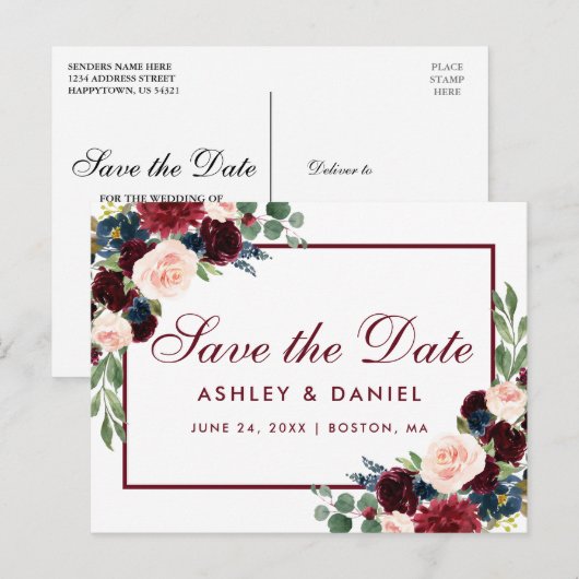 Waterverf Bourgogne Blauw Bloemen Save The Date Aankondigingskaart (Voorkant / Achterkant)