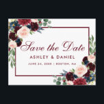 Waterverf Bourgogne Blauw Bloemen Save The Date Aankondigingskaart<br><div class="desc">Waterverf Bloemen Bourgogne Marsala Blauw Save The Date Verloving Briefkaart - Bourgogne Tekst</div>