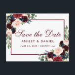 Waterverf Bourgogne Blauw Bloemen Save The Date Aankondigingskaart<br><div class="desc">Waterverf Bloemen Bourgogne Marsala Blauw Save The Date Verloving Briefkaart - Bourgogne Tekst</div>