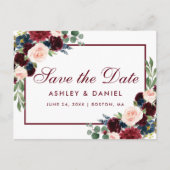 Waterverf Bourgogne Blauw Bloemen Save The Date Aankondigingskaart (Voorkant)