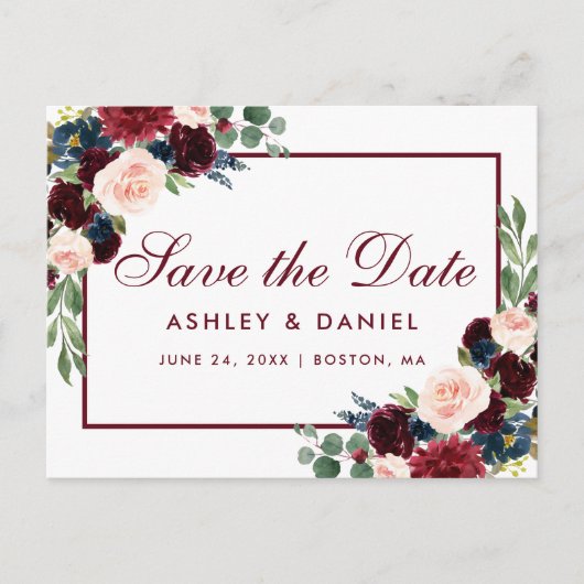 Waterverf Bourgogne Blauw Bloemen Save The Date Aankondigingskaart (Voorkant)