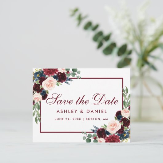 Waterverf Bourgogne Blauw Bloemen Save The Date Aankondigingskaart (Staand voorkant)