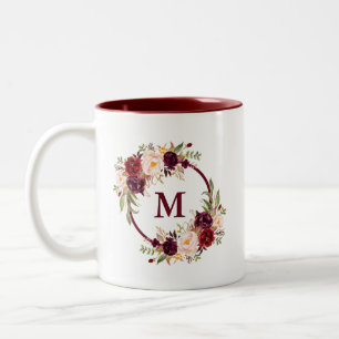 Waterverf Bourgogne Bloemen Elegant Monogram Tweekleurige Koffiemok