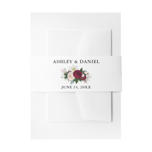 Waterverf Bourgogne Bloemen en groen Bruiloft Uitnodigingen Wikkel (Voorkant Voorbeeld)
