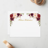 Waterverf Bourgogne Bloemen gepersonaliseerd goud Notitiekaartje (Voorkant / Achterkant in situ)