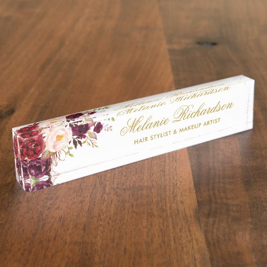 Waterverf Bourgogne Bloemen Goud Naambordje (Zijkant)