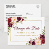 Waterverf Bourgogne Bloemen Goud Verander de datum Briefkaart (Voorkant / Achterkant)