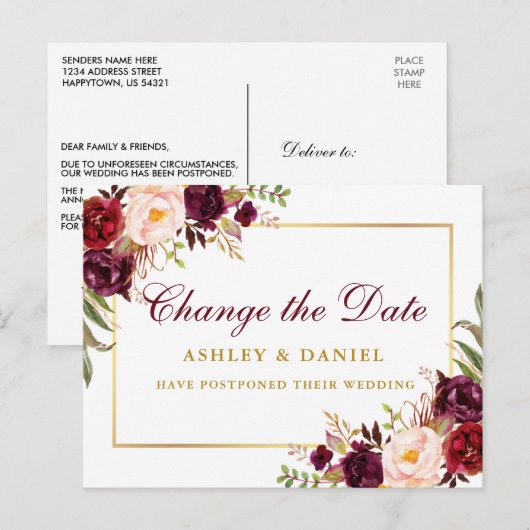 Waterverf Bourgogne Bloemen Goud Verander de datum Briefkaart (Voorkant / Achterkant)