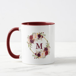 Waterverf Bourgogne Bloemen Gouden Cirkel Monogram Mok