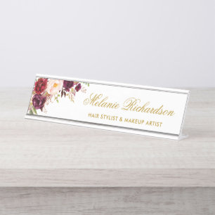Waterverf Bourgogne Bloemen Gouden Naam Bord Bureau Naambordje