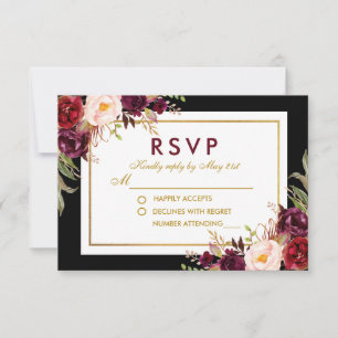 Waterverf Bourgogne Bloemen Zwart Goud Bruiloft RS RSVP Kaartje