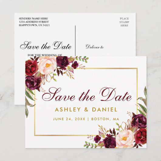 Waterverf Bourgogne Bloemengoud Save The Date Aankondigingskaart (Voorkant / Achterkant)