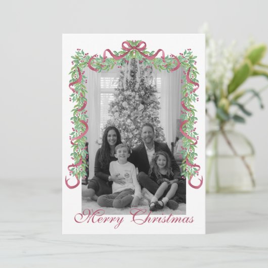 Waterverf Bourgogne Christmas Garland Foto Feestdagenkaart (Staand voorkant)