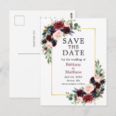 Waterverf Bourgogne en Blauwe Bloemen Bewaar de Da Briefkaart (Voorkant / Achterkant)