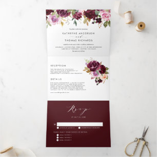 Waterverf Bourgogne en Paarse Floral Fall Wedding Drieluik Uitnodiging