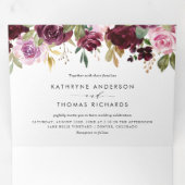 Waterverf Bourgogne en Paarse Floral Fall Wedding Drieluik Uitnodiging (Binnenzijde eerst)