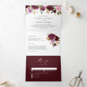 Waterverf Bourgogne en Paarse Floral Fall Wedding Drieluik Uitnodiging (Binnen)