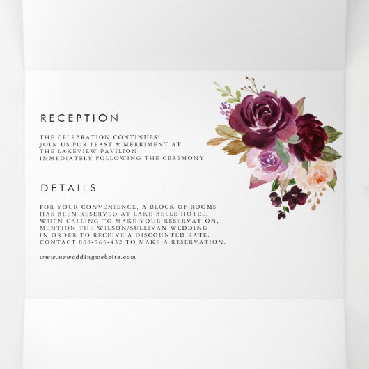 Waterverf Bourgogne en Paarse Floral Fall Wedding Drieluik Uitnodiging (Binnenkant midden)