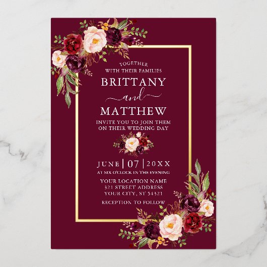 Waterverf Bourgogne Floral Gold Folie Uitnodiging (Voorkant)