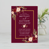 Waterverf Bourgogne Floral Gold Folie Uitnodiging (Staand Voorkant)
