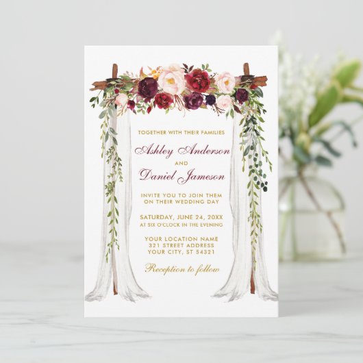 Waterverf Bourgogne Floral Gold voor weddenschappe Kaart (Staand voorkant)