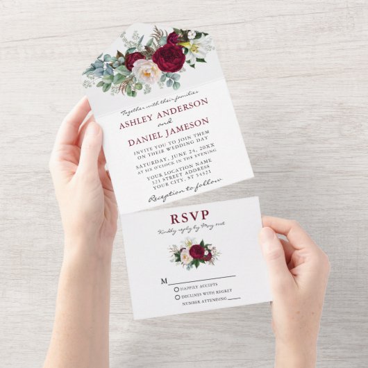 Waterverf Bourgogne Floral Greenery All In One Uitnodiging (Afscheurbaar)