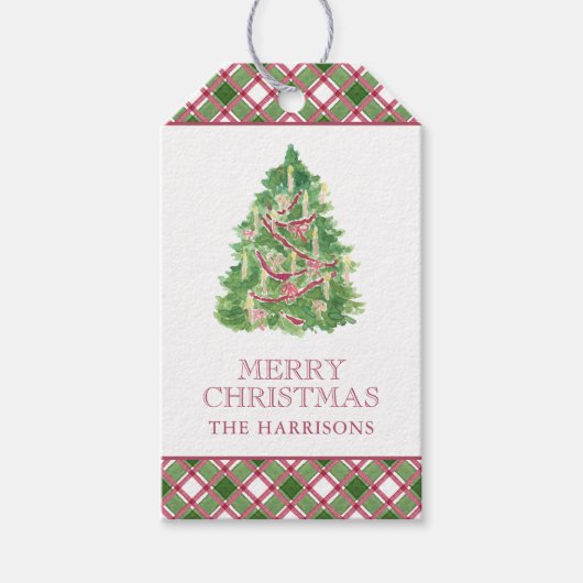 Waterverf Bourgogne & Green Plaid Kerstboom Cadeaulabel (Voorkant)