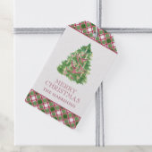 Waterverf Bourgogne & Green Plaid Kerstboom Cadeaulabel