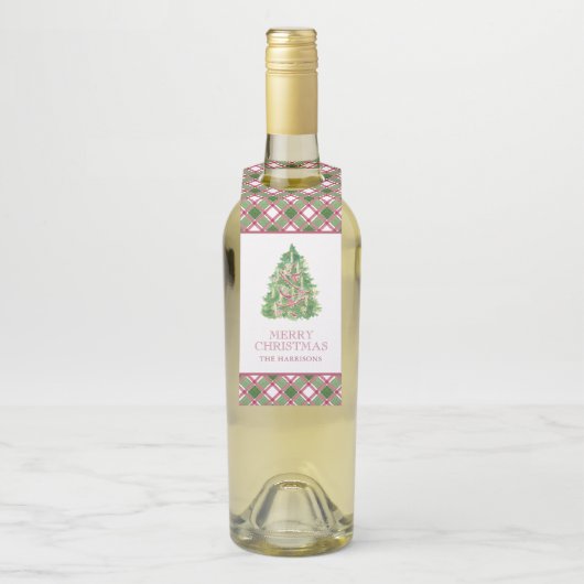 Waterverf Bourgogne & Green Plaid Kerstboom Flessenhanger (Op fles)