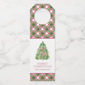 Waterverf Bourgogne & Green Plaid Kerstboom Flessenhanger (Voorkant)
